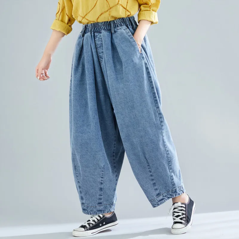 

Johnature New Style Korean Version Loose Comfortable Women Jeans 2019 Spring Female Casual Wild Elastic Waist Ladies Jeans