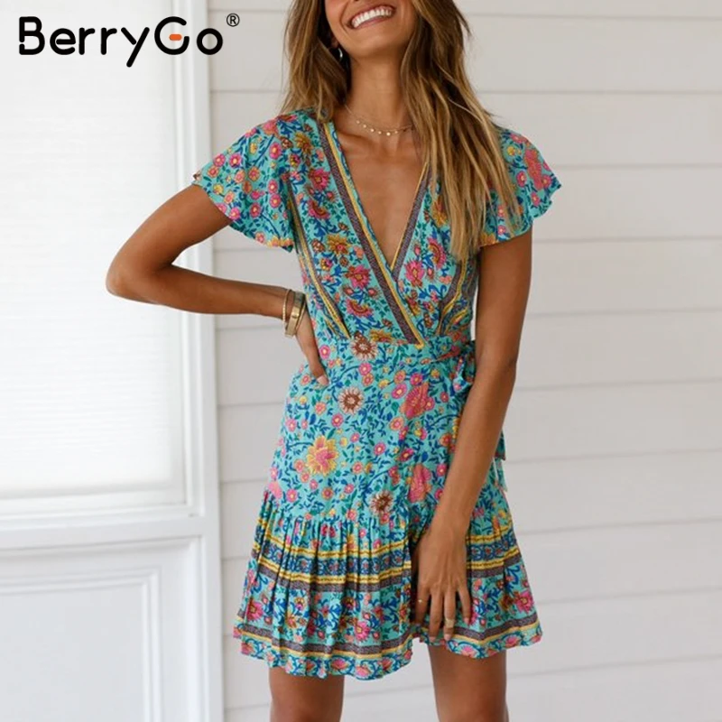 

BerryGo Bohemian dresses floral print women dress Sexy v-neck ruffled bandage summer dress Elegant short sleeve mini sundress