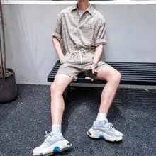 Новая мужская одежда стилист волос Модные свободные летние клетчатые комбинезоны с короткими рукавами шорты костюмы