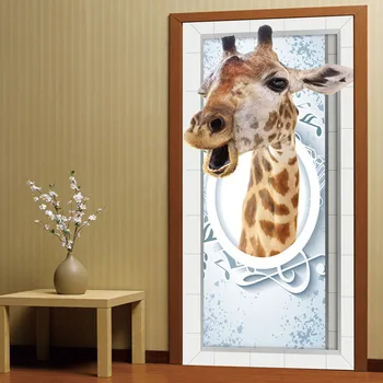 

3D Animal Giraffe Door Stickers Bedroom Living Room Bathroom Door Stickers Decoration Waterproof Wall Stickers