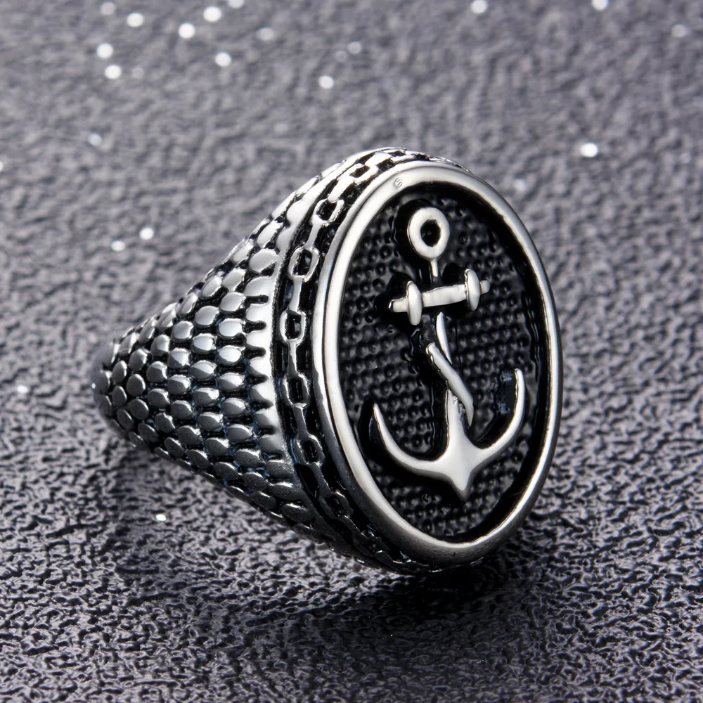 Silver Black Boy Charm Cool Stainless Steel Ring Jewelry Top Quality Classic Vintage Anchor Ring for Men New Biker
