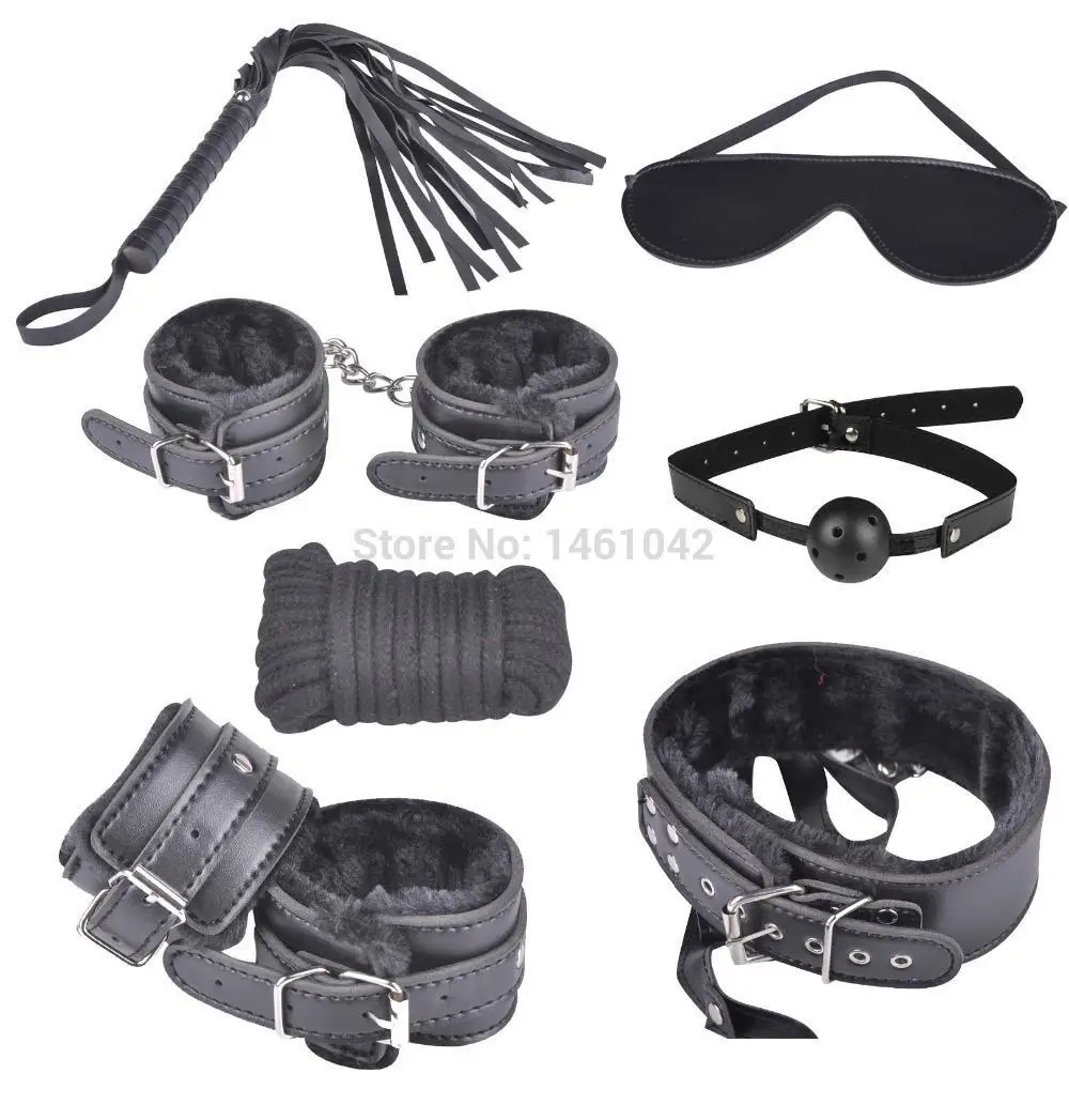 Black Leather Furry 7pcs bondage set Restraints Fetish Blindfold Mouth Gag Collar Rope Whip Adult Sex Toy Fifty Shades of Gary | Красота и