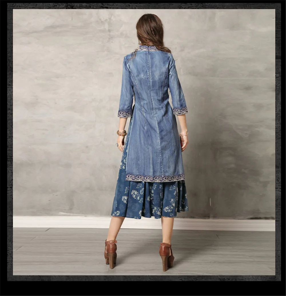 Vintage Cheongsam Summer Dress 2019 Denim Women Dresses Mandarin Collar 34 Sleeve Flower Embroidery Dress A82136 Vestidos (18)