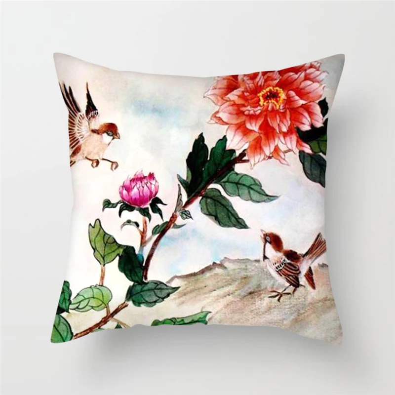 Fuwatacchi Birds and Flowers Pillow Covers Lotus Plum Blossom Cushion Covers for Home Sofa Chair Decors Painting Pillowcase