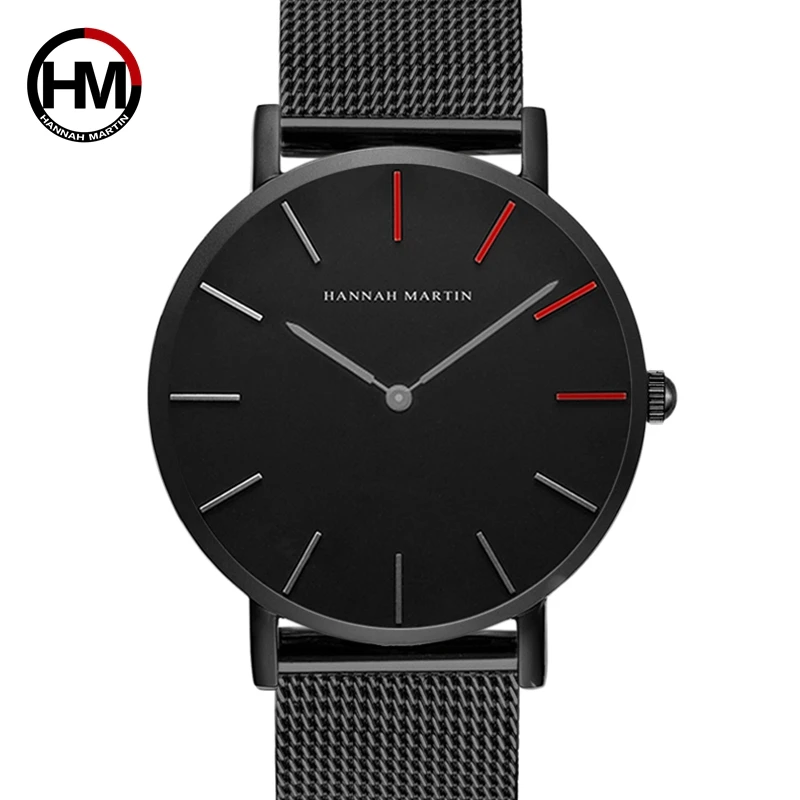 Prix Haute Qualité Japon Quartz Mouvement En Acier Inoxydable Maille Bande Créatif Imperméable Unisexe Montre Noire Pour Hommes Femmes Drop shipping