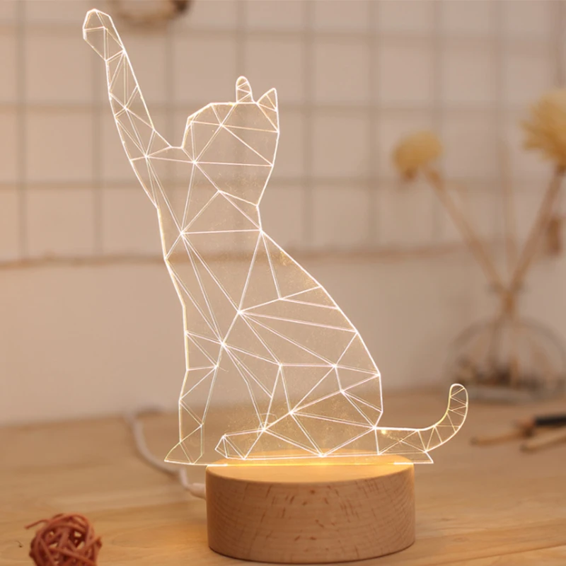 Новое поступление маленьких 3D милый кот животных деревянное основание USB зарядки светодиодный свет творческий светодиодный прикроватной