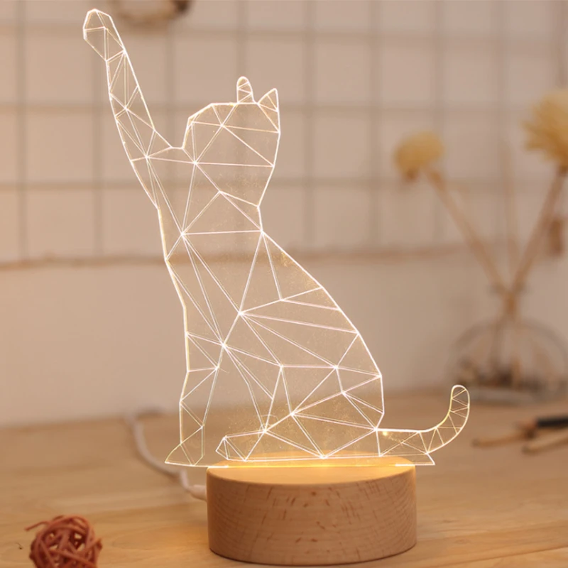 

New arrival Little 3D cute cat animal wood base USB charging LED Light creative LED bedside Night Lights for indoor decor