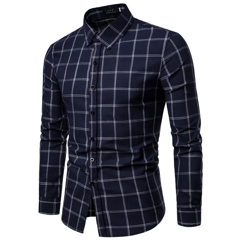 Drop Shipping Men Big Plaid Shirt Long Sleeve Shirts 2019 Fashion Casual Checkered Man Clothes Cotton Chemise Homme White