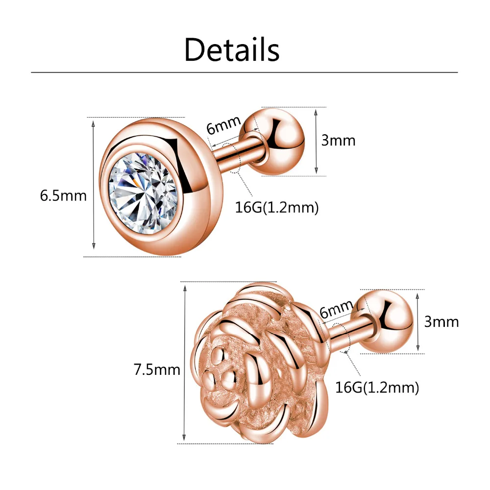 GAGABODY 16 г роза цветок хирургические стальные серьги, Надеваемые На ушной хрящ шпильки для женщин Tragus CZ Пирсинг ювелирные изделия розовое золото