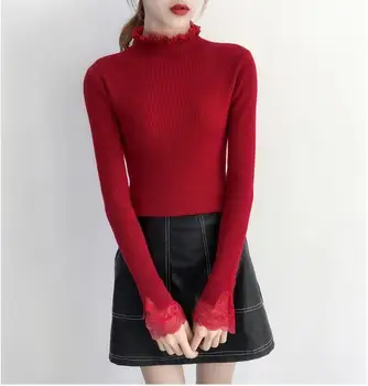 

Autumn Women Sweaters Sexy Ladies O-neck Lace Stitching Tops Knitted Long Sleeve Jumpers Women Clothing Plus