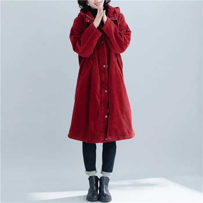 Женские парки больших размеров вельветовые средней длины, плотное пальто с капюшоном, зимние свободные плюс бархатные теплые куртки, красная женская верхняя одежда, WIN930