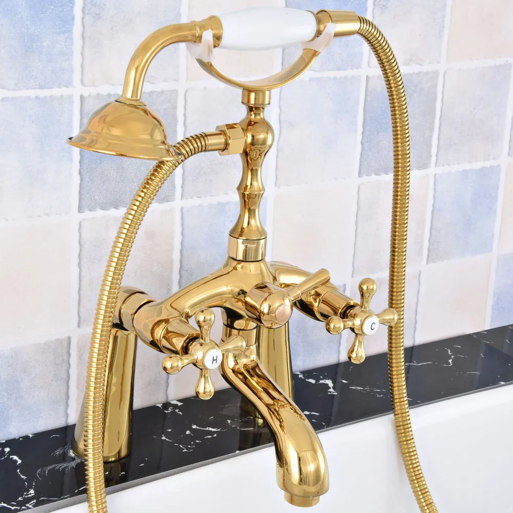 Смесители для ванной роскошный золотой Латунный смеситель для душа и ванной кран с двумя ручками вращающийся кран для ванны с ручной