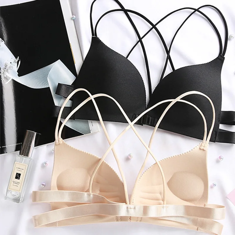 Front Closure Sexy Women Bras Backless Underwear Women Padded Wire Free Bra Strappy Super Push Up Bralette