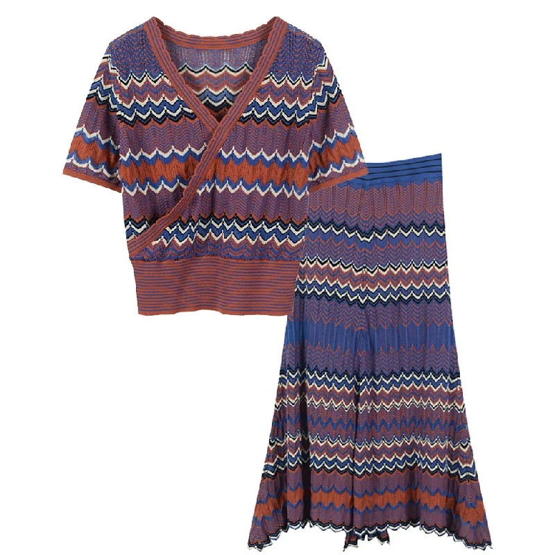 

2019 Summer Ladies Knit Cross V-neck Short Sleeve 2 Piece Dress A-line High Waist Strape Chic Vintage Women Boho Elegant Clothes
