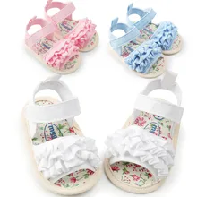 Лето г. младенческой ребенок женские сандалии слоистых оборками мягкая подошва Нескользящая принцесса малыша обувь белый розовый синий