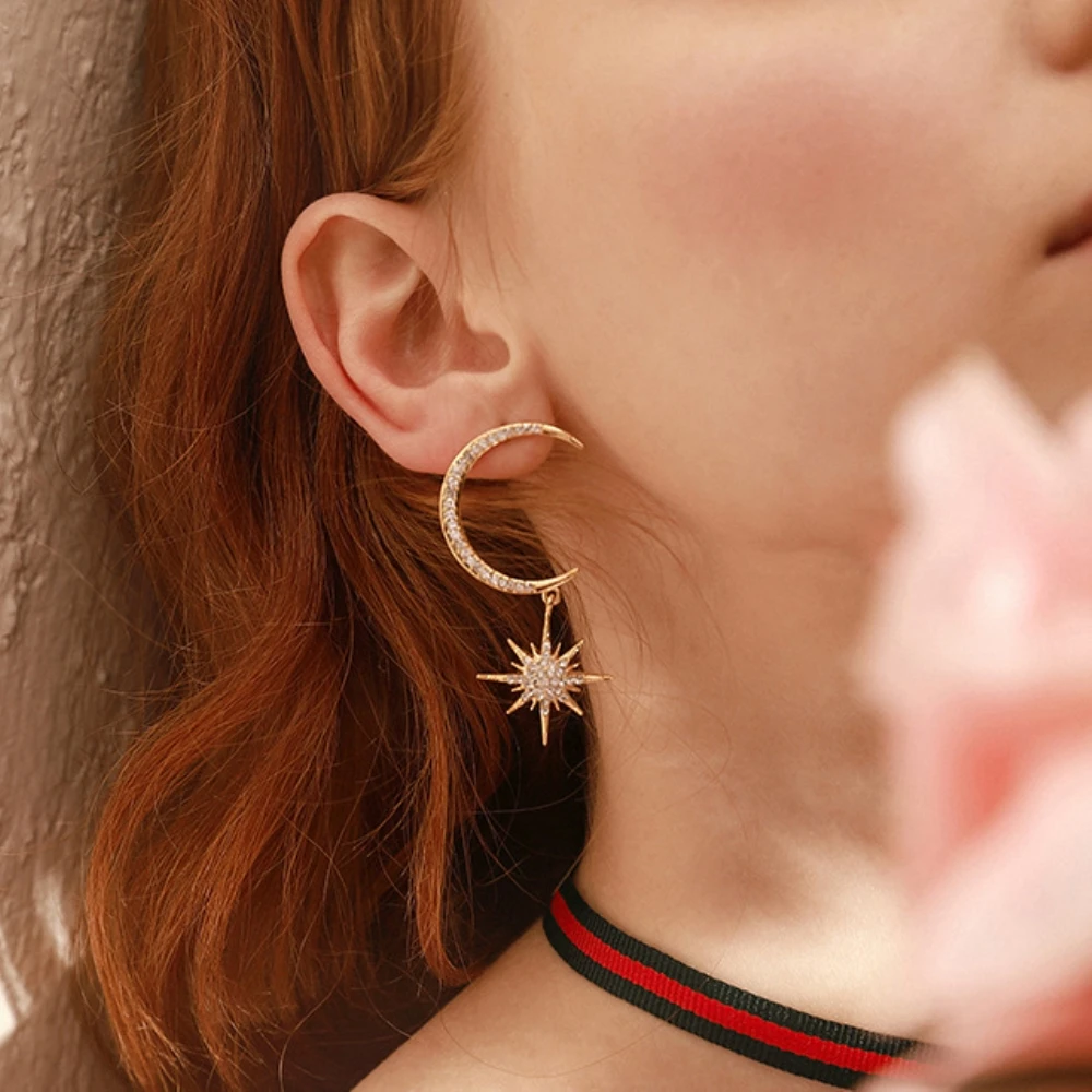 

925 Sterling Silver Gold Celestial Charm Jewelry Birthday Gifts for Her Shinny Micro Paved Cz Zircon Star and Moon Stud Earrings