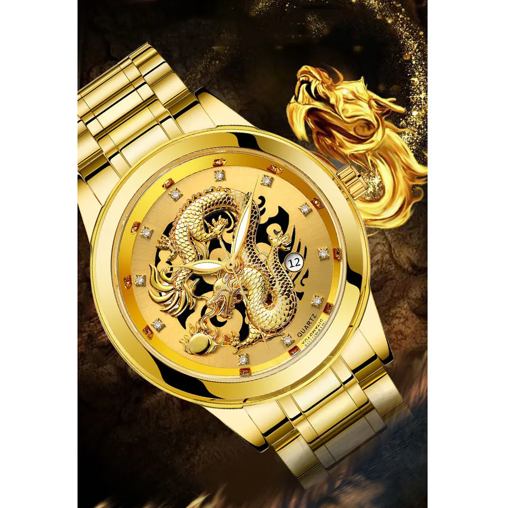 Мужские часы Топ бренд класса люкс ремешок из нержавеющей стали водонепроницаемый золотой дракон скульптура мужские наручные часы светящиеся наручные часы