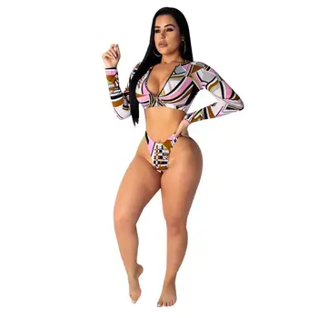 

Summer Female Suit Beachwear 2 Piece Set Women Sexy Bodysuit Printed Crop Tops + Shorts Deep V Bobycon Irregular Suits High Bomb