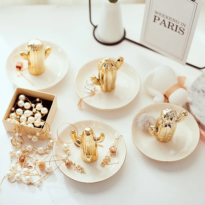 

Nordic Style Gold Cactus Ceramics Jewelry Plate Dressing Table Organizer Home Decoration Desktop Shelf