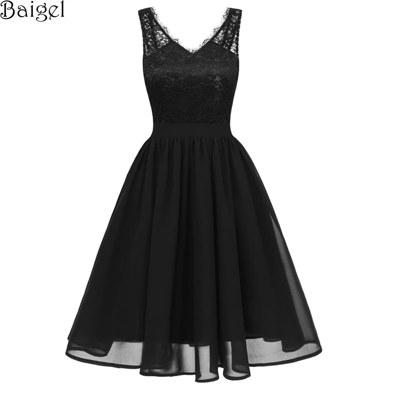 Women Sexy V-Neck Floral Lace Chiffon Dresses Summer 2018 Backless Pink Burgundy Black 50s 60s Rockabilly Vintage Party Dress (3)