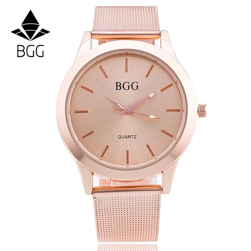

BGG Women Watch Rose Gold luxury brand watch men Fashion quartz-watch stainless steel mesh strap clock relogio masculino