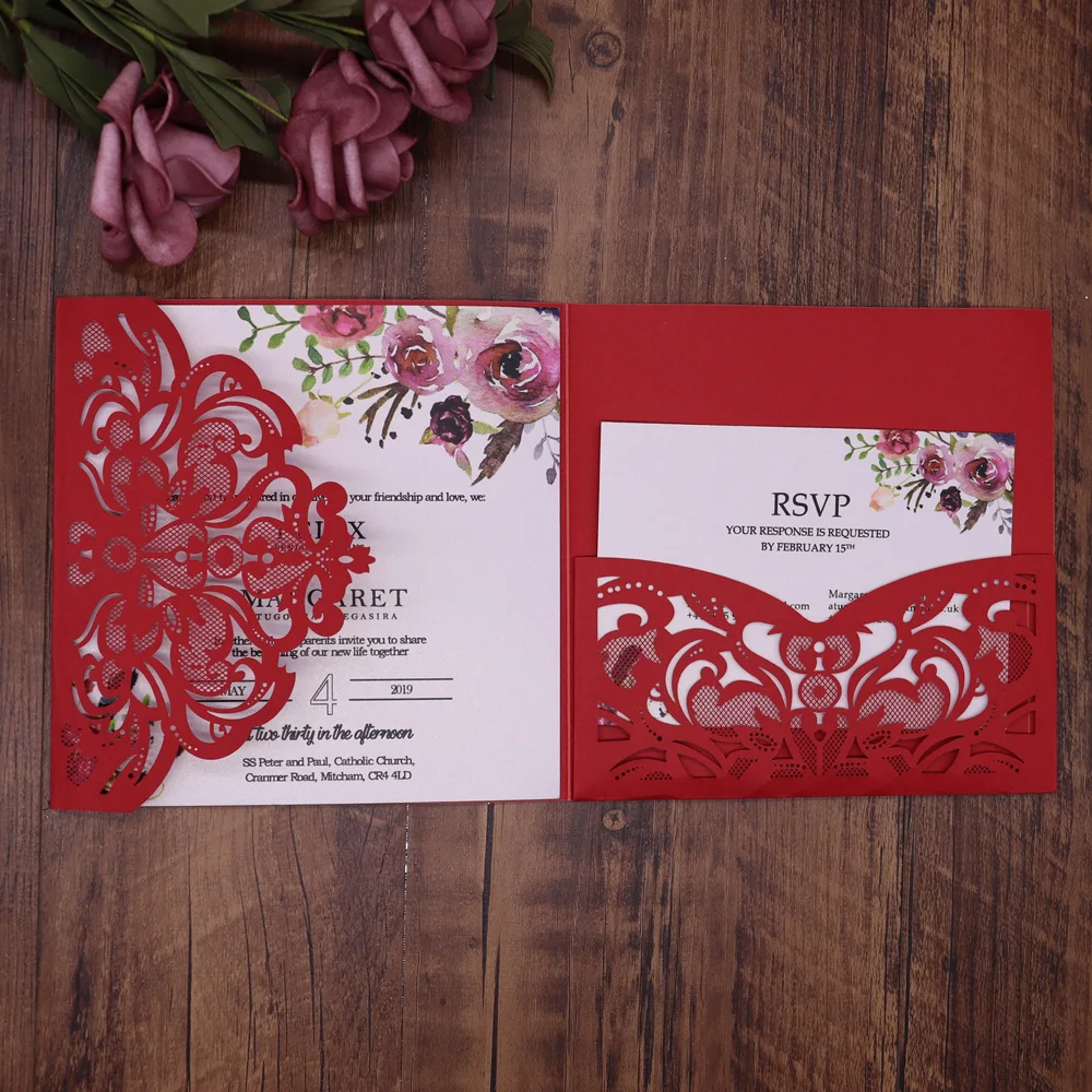  10pcs/pack Lace Laser Cut Wedding Invitation Card Cover Square Shinny Pearl Paper Carved Invitation - 33019991552