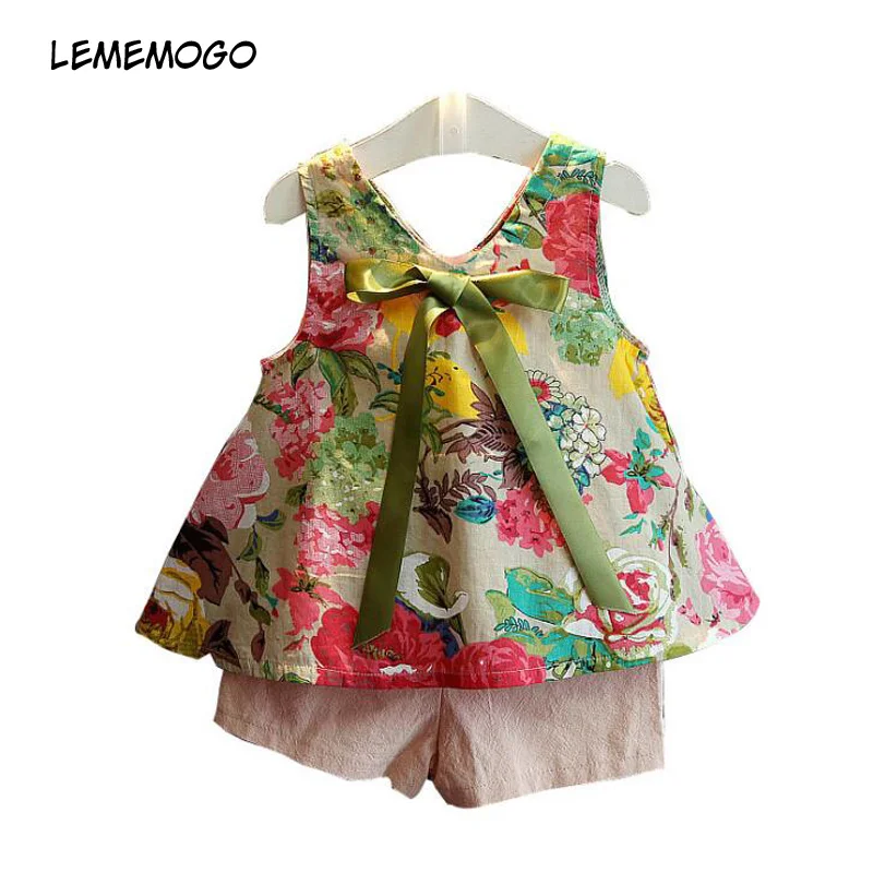 

LEMEMOGO Summer New Girls Princess Sets Children Print Sleeveless Bow Tops +Shorts 2pcs Suit Novelty For Kids Clothes Set Girl