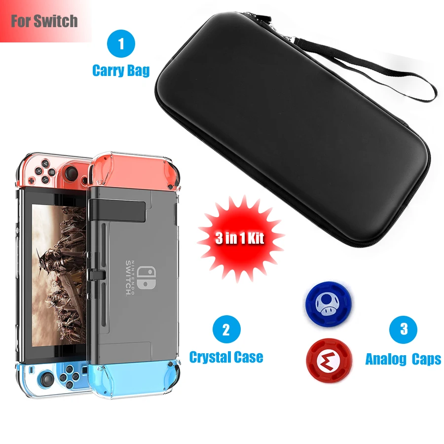 Nintend Switch Console Carrying Travel Bag Crystal Hard Case Shell with 2 Analog Caps 3 in 1 Kit for Nintendo Switch NS Nintend Switch Console Carrying Travel Bag Crystal Hard Case Shell with 2 Analog Caps 3 in 1 Kit for Nintendo Switch NS