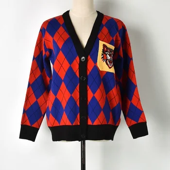 

Oversized Cardigan Female Runway Knit Fall Jumper 2018 New Geometric Argyle Tiger Pocket Vintage Sweater Women pull femme