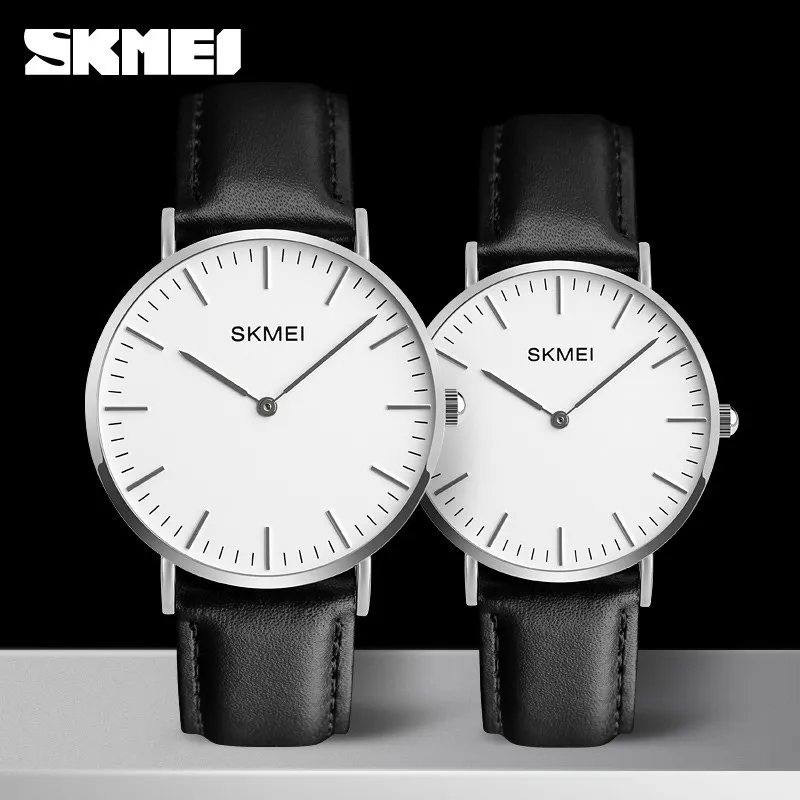 SKMEI часы для влюбленных женские мужские черные кожаные кварцевые наручные часы для пар Женские Мужские модные повседневные наручные часы Relogio часы 1182 - Цвет: 1 pair of silver