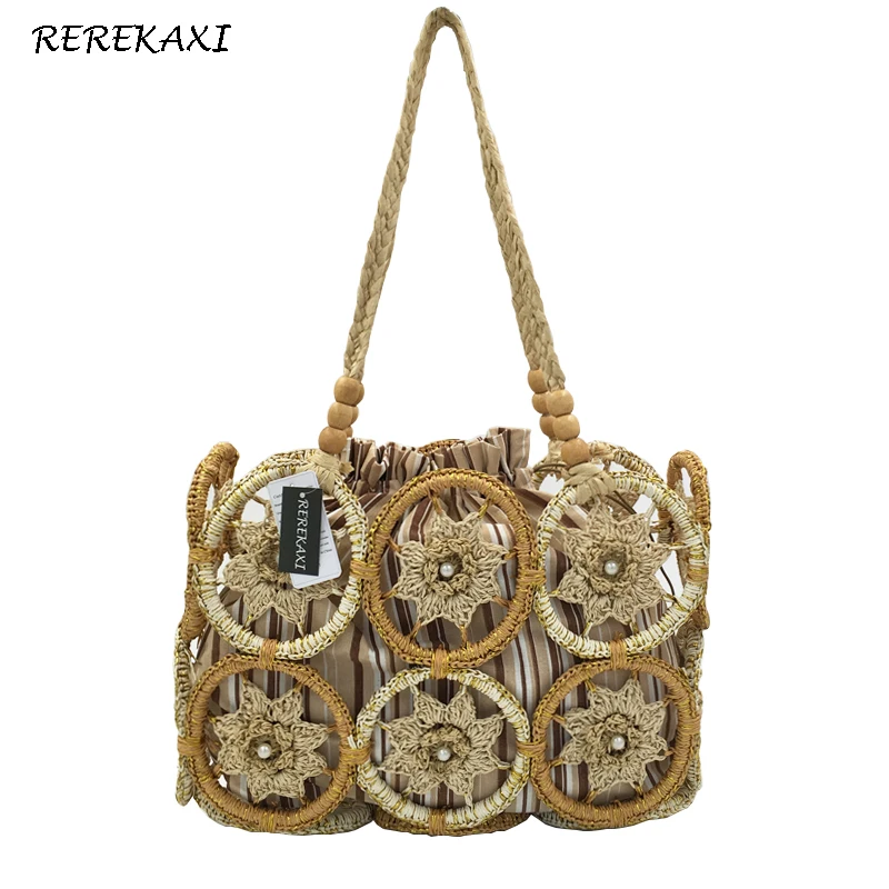 

REREKAXI Hand-woven Hollow Women's Handbags Bohemian Straw Beach Bag Handmade Knit Ladies Shoulder Bag Fashion Travel Tote