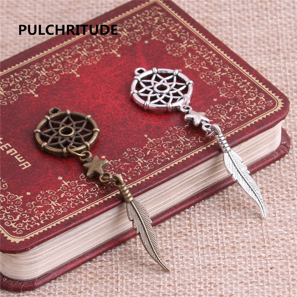 

PULCHRITUDE 10 pcs/lot Metal Antique Bronze Silver Tree Feather Blue Dream Catcher Pendant Necklace Jewelry Making Diy C0194