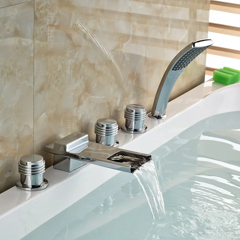 Waterfall Widespread Bathroom Bath Tub & Sink Faucet Mixer Tap Deck Mount Chrome Finish