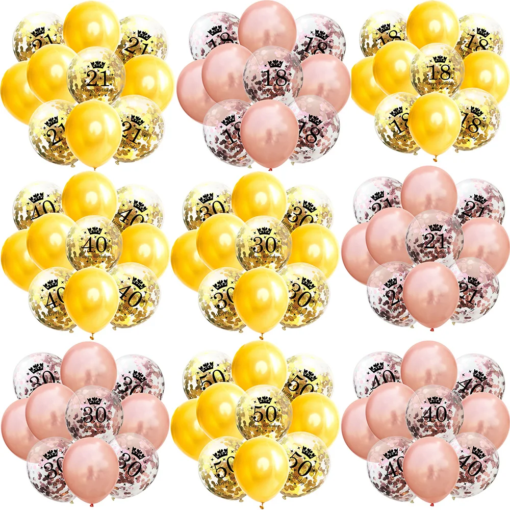 

10PCS Gold/Rose Gold Happy Birthday Balloons 18/21st/30/40/50/60th Confetti Balloon Anniversary Wedding Party Decoration