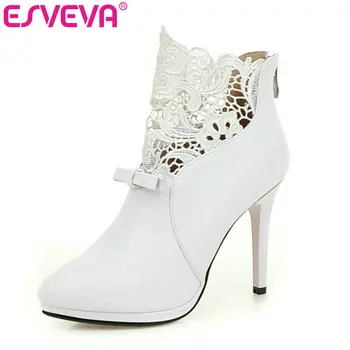 

ESVEVEA Autumn White Wedding Shoes 2020 Sexy Women Boots Lace Thin High-Heel PU Ankle Boots Pointed Toe Bow Tie Boots Size 34-42