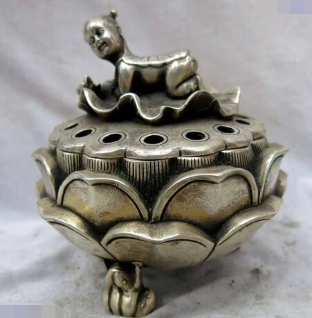 

001820 China silver carved finely frog lotus flower boy censer incense burner Bronze Statue discount 30% (C0324)