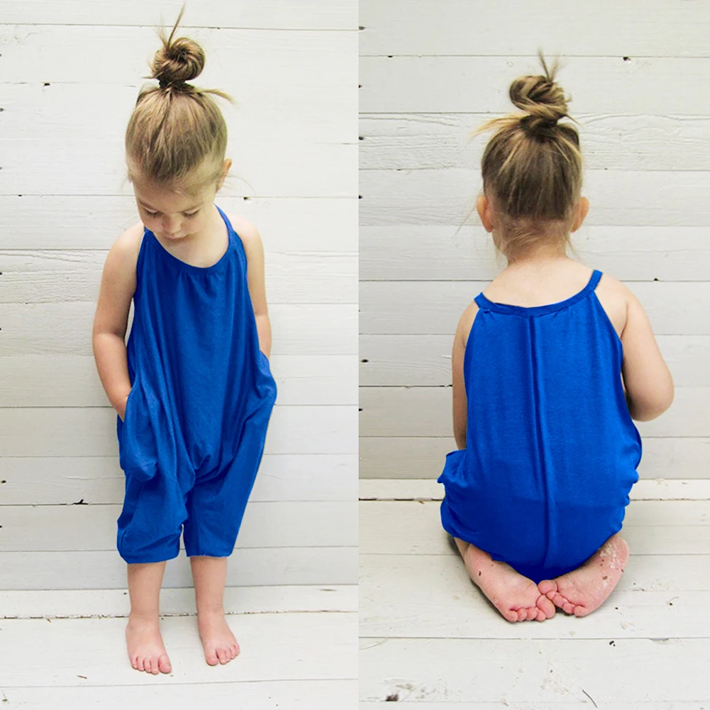 

Baby Girl Summer Overalls Toddler Kids Strap Rompers Jumpsuit Solid Blue Harem Pants Trousers