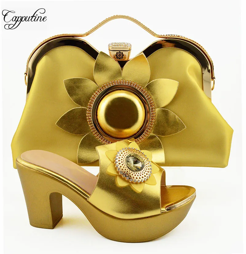 

Fashion gold Africanhigh heel slipper shoes and handbag sets for lady QSL003A