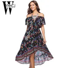 WYHHCJ 2018 vestidos novo vestido de verão mulheres sexy fora do ombro barra do pescoço mulheres vestido anomalia imprimir curto vestidos longos de praia robe