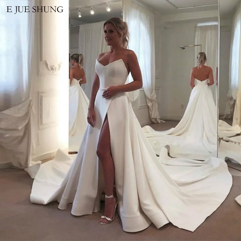 

E JUE SHUNG White Satin Simple Wedding Dresses V-neck Side Slit Wedding Gowns Bride Dress robe de mariee