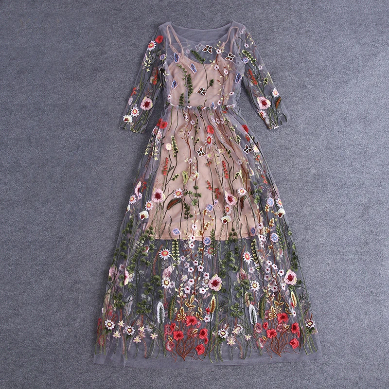 Wholesale runway maxi dress 2017 Gorgeous Half Sleeves two piece set summer dress Sheer Mesh dress embroidered Style Buy Cheap runway maxi dress 2017 Gorgeous Half Sleeves two piece set summer dress Sheer Mesh dress embroidered Style