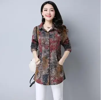 

2020 spring and autumn long section of the new national wind big yards cotton flower floral shirt long sleeve shirt ladies
