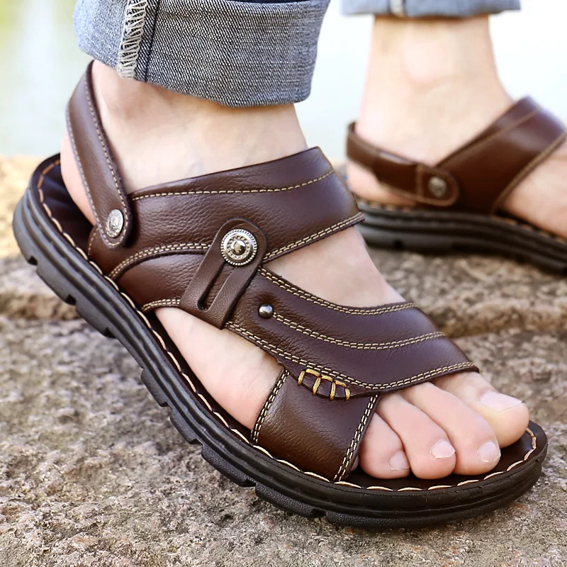 

ZhengouSandals Man Genuine Leather Soft Bottom Beach Shoes Male Trend 2019 Quinquagenarian Dad Leisure Time Cool Slipper