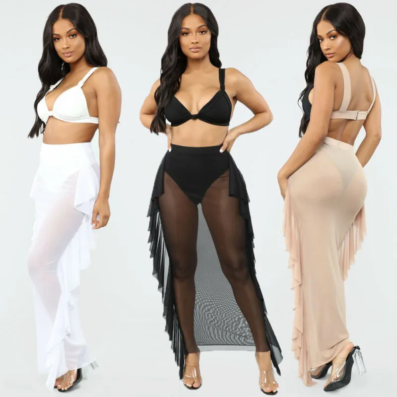 

Sexy See Through Beach Pencil Skirts Women Fishnet Swimwear Beach Cover Ups Ruffle Perspective Hollow Out Black Beach Skirt Lady