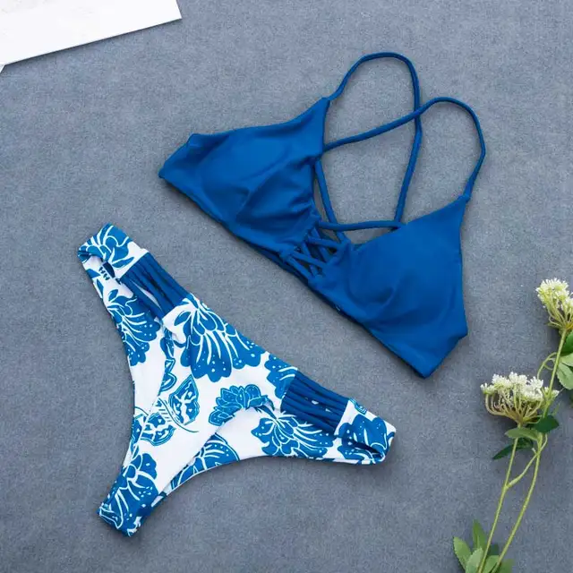 Sexy Woman Blue Bikini Brazilian Swimwear Women Push Up Bathing Suits T Back Bottom Female Sexy