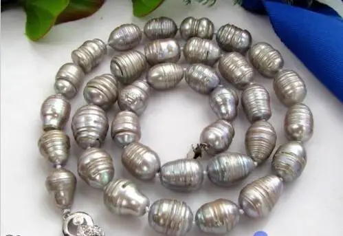 

Free shipping hot sale Women Bridal Wedding Jewelry >> Big 18"18mm rice baroque gray freshwater pearl necklace