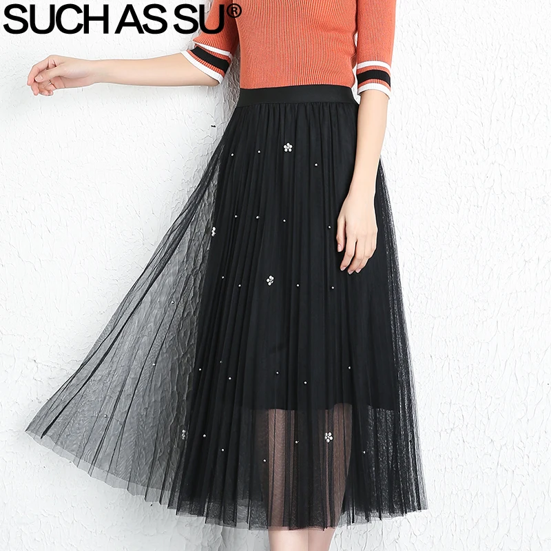 SUCH AS SU New 2018 Spring Summer Mid Long Tulle Skirts Womens Black ...