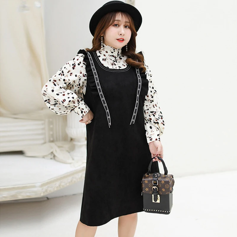 

2019 Spring new 2 piece set dresses women Turtleneck long sleeve shirt and Vest skirt plus size 4xl fashion female two piece set