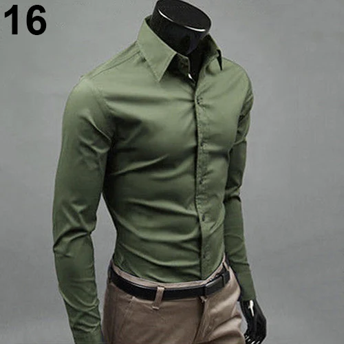 Мужская модная повседневная однотонная хлопковая рубашка с отложным воротником, длинная однотонная приталенная рубашка с длинным рукавом, мужские рубашки - Цвет: Army Green