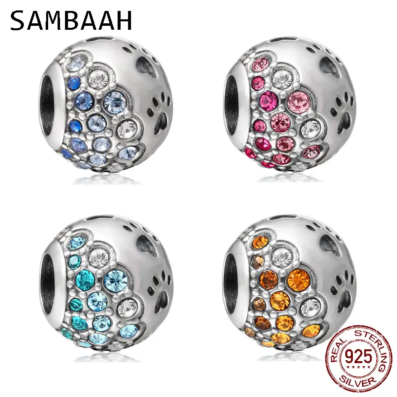 

Sambaah Dog Pawprint Charm with Austrian Crystal 925 Sterling Silver Pet Paw Print Beads fit Original Pandora Animal Bracelet